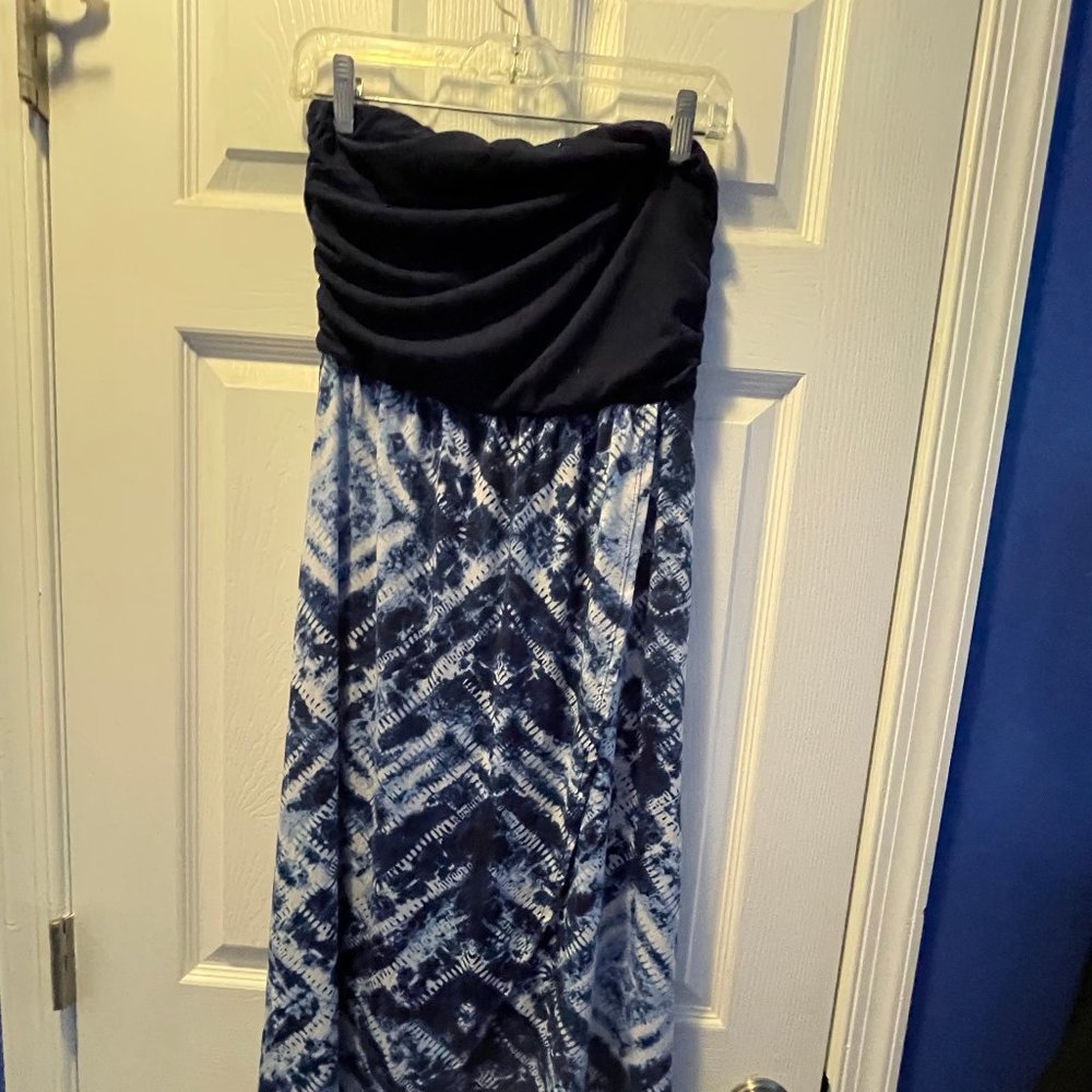 navy and white, strapless, high to low dress